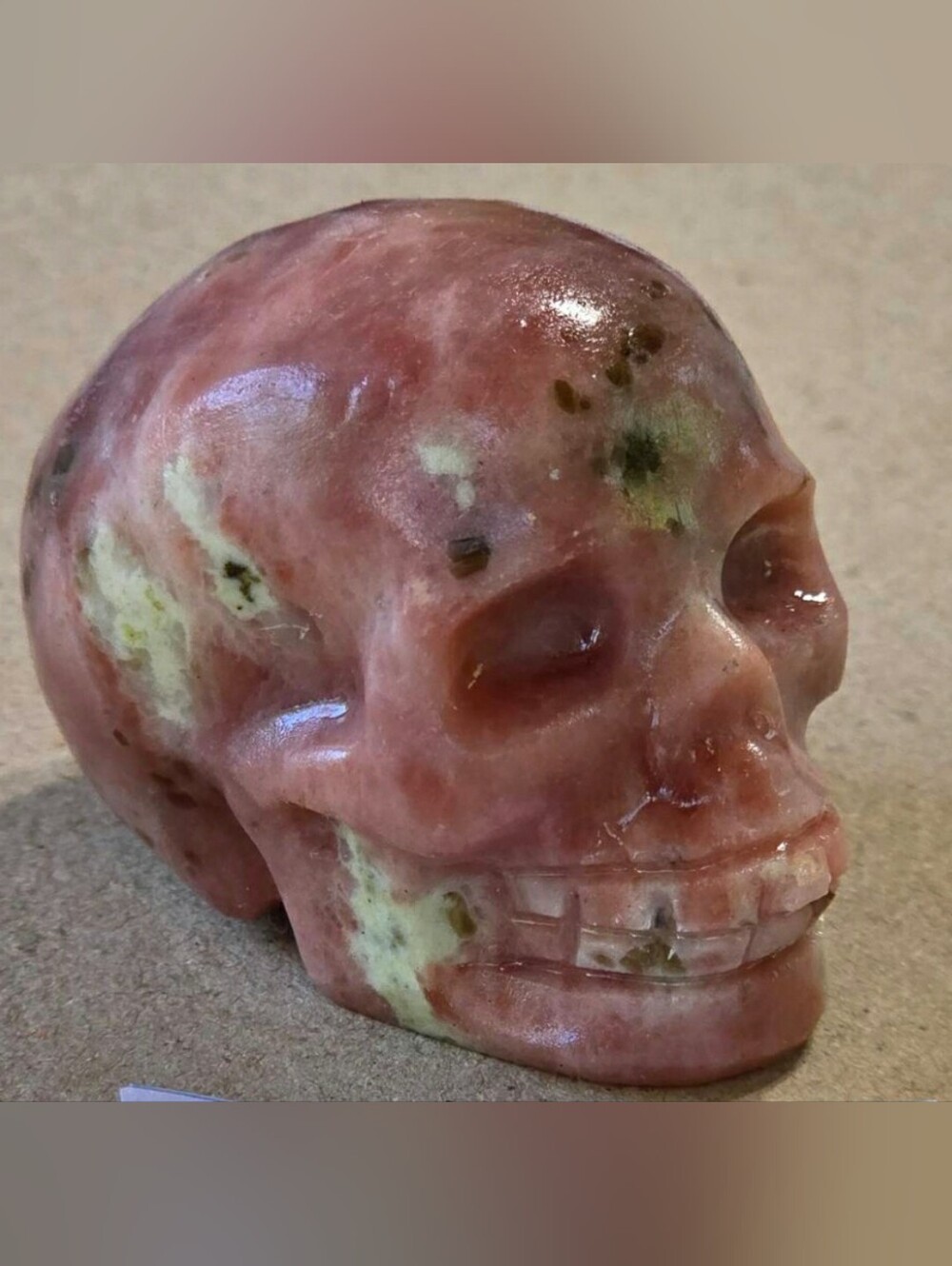 Detailed Rhodonite/ Peach Blossom Crystal Carved Skull Stone Sculpture Decor